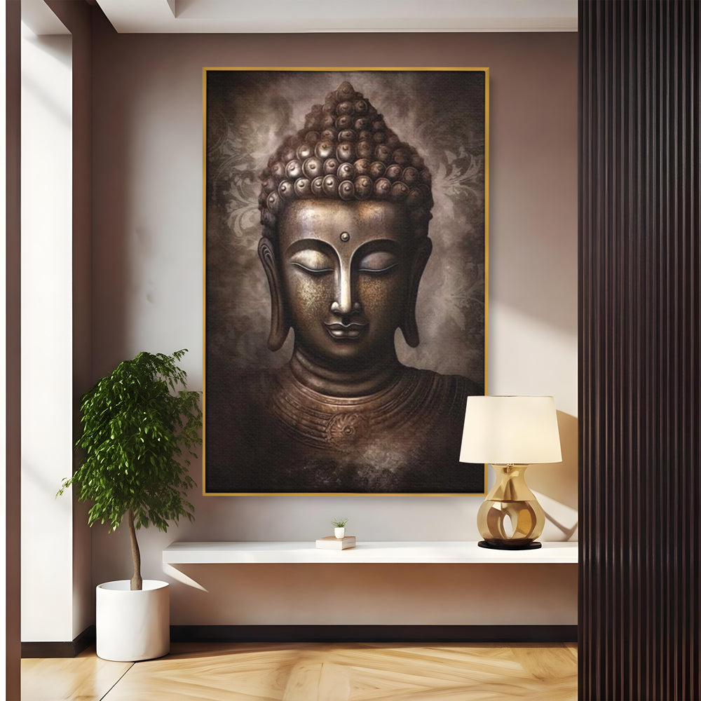 Tablou canvas cu tablou canvas cu portret buddha, in rama de aluminiu auriu